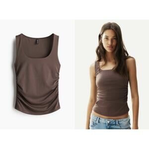 H&M Divided Brown Ruched Square Neck Tank‎ Top Size XS Sleeveless Gathered Shirt